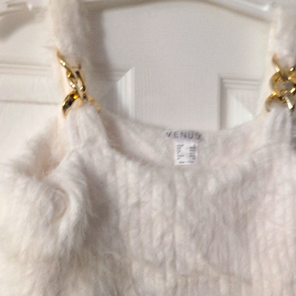 Venus White Faux Fur Sweater Cold Shoulder with Gold Accents